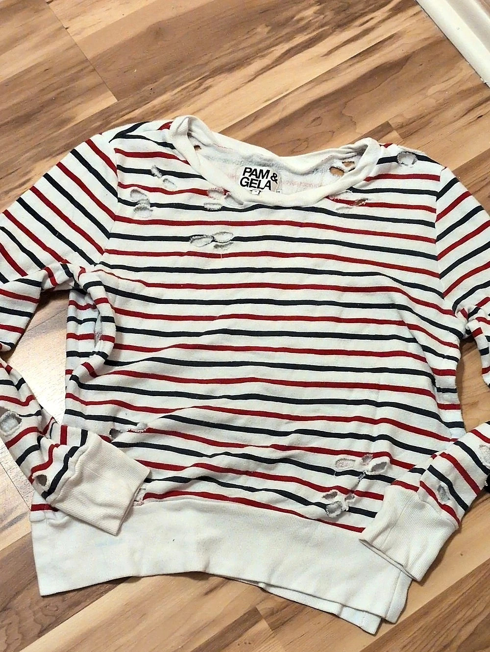 Pam & Gela Distressed Striped Sweatshirt with Side Ties White & Red